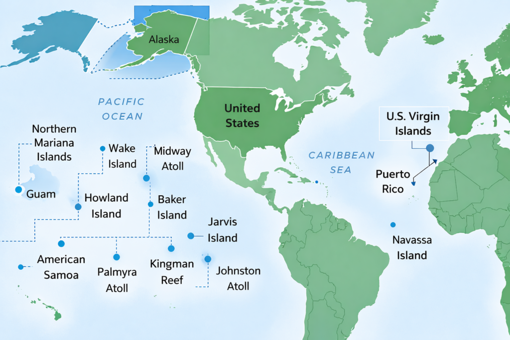 Map of U.S. territories in the Caribbean and Pacific including Puerto Rico, Guam, American Samoa, and U.S. Virgin Islands